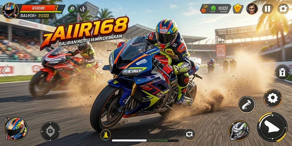 Screenshot utama AIR168 menunjukkan aksi balap motor yang mendebarkan.
