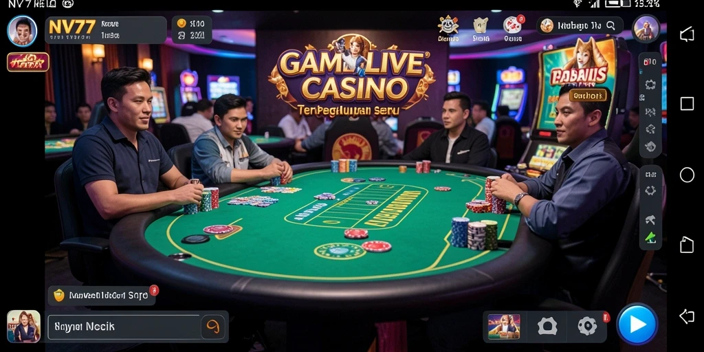 Screenshot NV77 menampilkan dealer langsung dan suasana kasino yang mendebarkan.